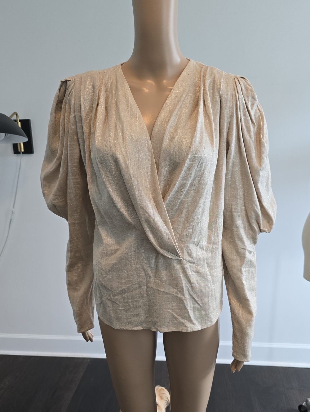 IRO Gold Metallic Draped V-Neck Puff Sleeve Blouse